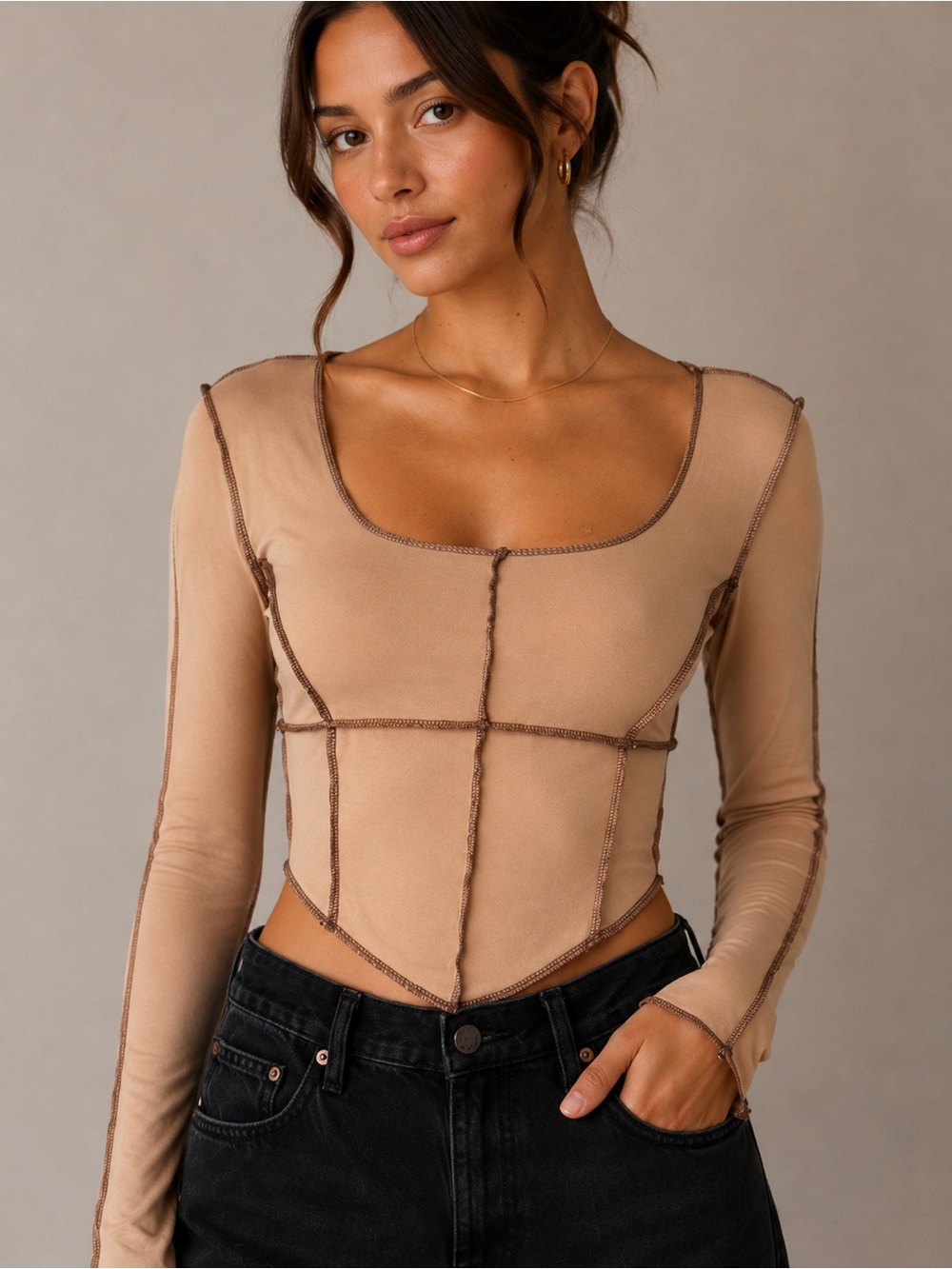 Long Sleeve Square Neck Seam-Detail Top in Beige
